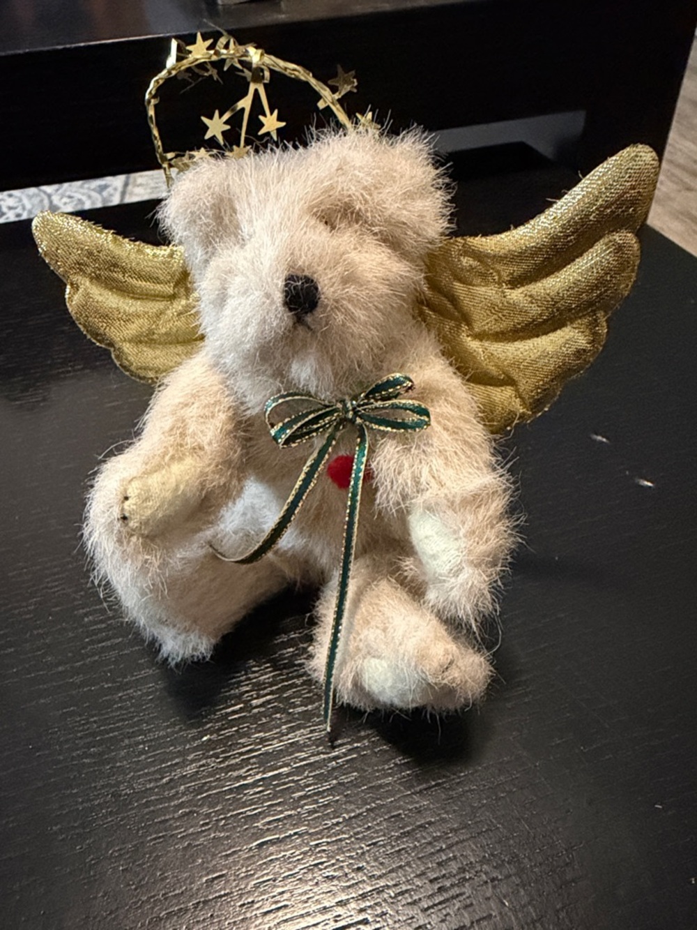 Plush Angel Teddy with Gold Wings and Green Bow